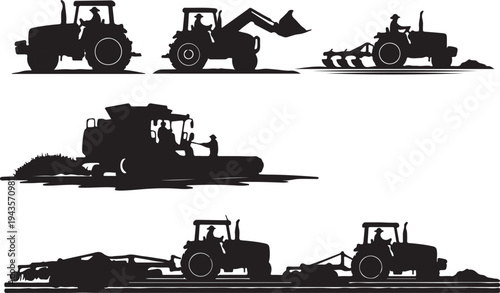 Vector Silhouette Collection of Agricultural Machinery, Farm Tractors, Combine Harvesters, and Heavy Duty Industrial Equipment
