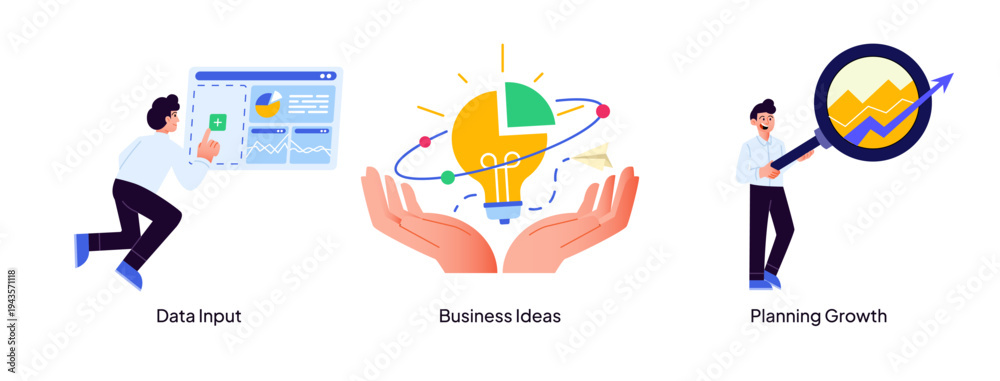 Obraz premium A business concept illustration visualizing digital data input, creative brainstorming ideas, and strategic growth planning with a magnifying glass
