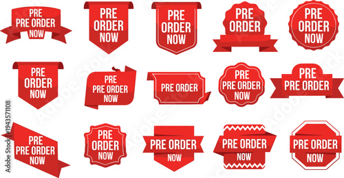 Pre order now labels set, red ribbon badges promotion tags, vector illustration isolated design graphic element bundle