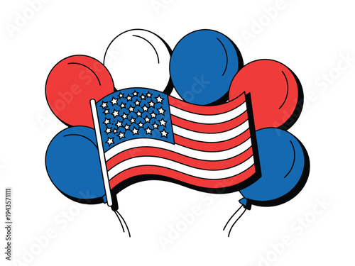 Flag with balloons celebrates patriotic.