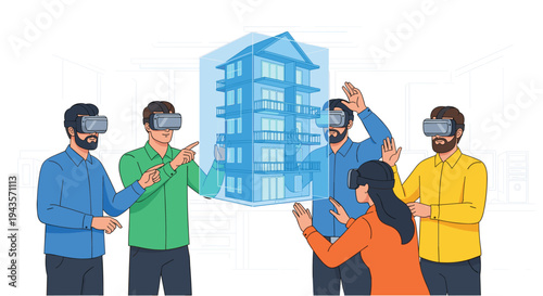 Five diverse individuals wearing VR headsets are collaboratively interacting with a glowing blue holographic 3D building model.