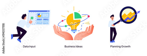 A business concept illustration visualizing digital data input, creative brainstorming ideas, and strategic growth planning with a magnifying glass