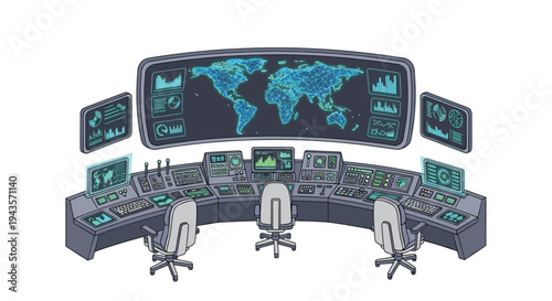 A sophisticated control room features a large central global map screen, flanked by smaller monitors and a semicircular console with three chairs.