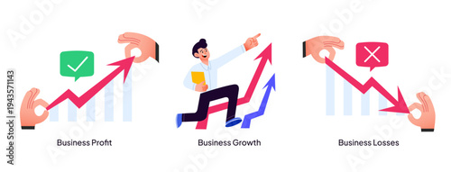 An analytical illustration set comparing rising business profits, steady growth, and declining financial performance or losses