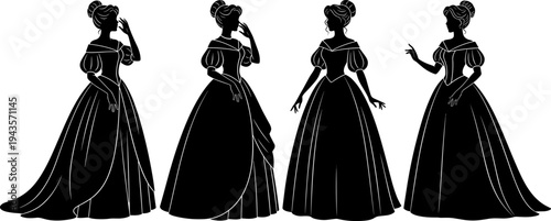 Princess silhouette collection elegant woman gown dress royal female character vector illustration isolated vintage queen lady figure set