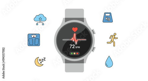 A gray smartwatch centrally displays a heart rate, surrounded by six distinct health and fitness monitoring icons.