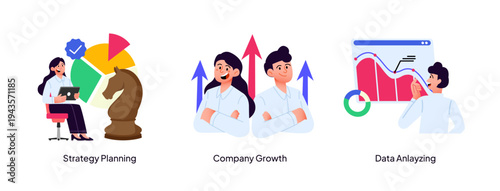 A strategic illustration set featuring chess metaphors for planning, team collaboration, and monitoring data fluctuation charts