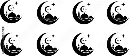 Ramadan kareem mosque crescent moon icons set, islamic eid mubarak symbol vector illustration isolated collection design graphic