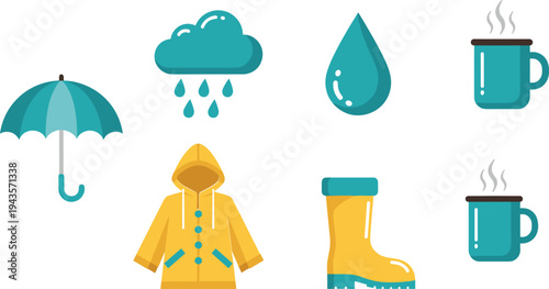 Rainy weather vector icon set, umbrella rain cloud water drop raincoat boot mug illustration collection symbols