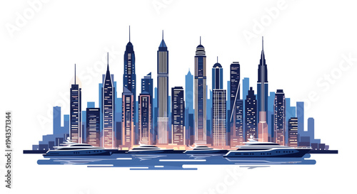 A stylized modern city skyline, featuring numerous tall skyscrapers with glowing windows, reflects onto water with three moored yachts.