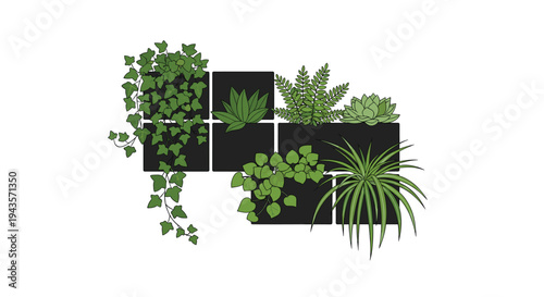 A modular vertical garden design features five distinct green plants growing from black square planters arranged against a plain white background.