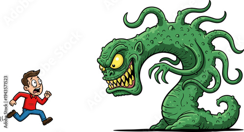 Scary cartoon monster chasing frightened man vector illustration, fantasy creature attack scene isolated 