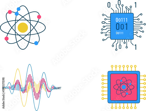 science and technology icons set, atom microchip waveform illustration, digital processor symbols, vector innovation collection isolated bundle
