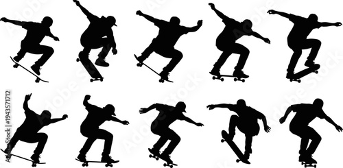 Skateboarder silhouette collection extreme sport skater jumping trick vector illustration isolated skateboarding action figure set design dynamic