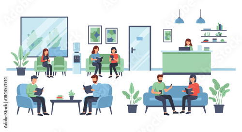 Multiple individuals are seated on light blue and green furniture in a busy reception area, some reading and others using phones, with a receptionist visible.