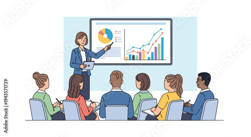 A female presenter in a blue suit stands pointing at a large screen displaying colorful bar and pie charts to an attentive audience of six individuals.