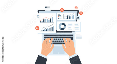 Two human hands are diligently typing on a black laptop keyboard while various data visualization charts float digitally above the screen.