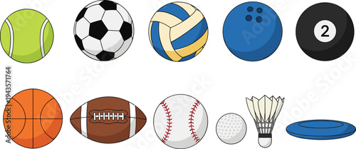 Sports balls collection set including soccer, basketball, tennis, baseball, bowling, volleyball, football, golf, badminton shuttlecock, frisbee vector illustration isolated