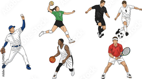 Sport players collection, football basketball baseball tennis volleyball athletes vector illustration isolated professional competition action set bundle