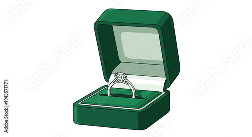 A bright green hinged ring box is presented open, showcasing a brilliant silver engagement ring with a large solitaire diamond inside.