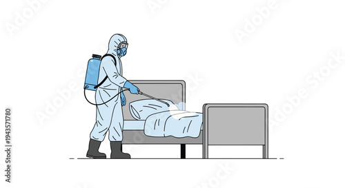 A person in a full white hazmat suit with a blue backpack sprayer disinfects a hospital bed and pillow.