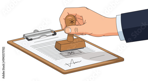 A professional's hand in a dark suit sleeve is actively pressing a wooden rubber stamp onto a white document resting on a brown clipboard.