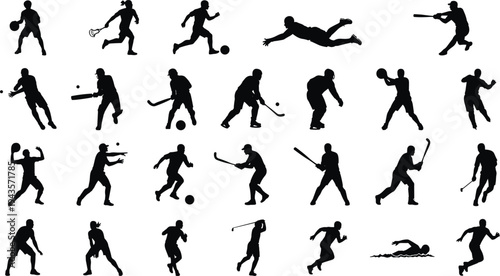Sports players silhouette set, athletes collection playing baseball, soccer, hockey, basketball, golf, swimming vector illustration isolated on white background bundle