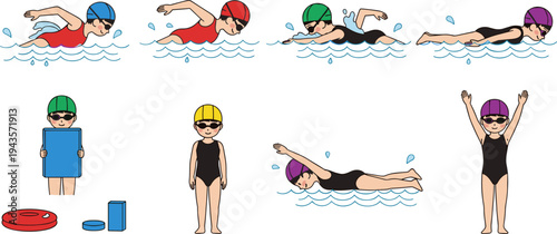 Swimming lessons illustration set, kids practicing freestyle stroke with kickboard pool training equipment cartoon vector collection