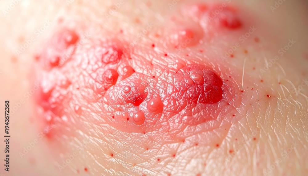 Fototapeta premium Close-up of a skin rash with red blisters, possibly shingles or herpes, showing inflammation and irritation.