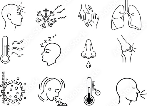Cold and flu symptoms medical outline icon set including fever cough sneeze virus lungs thermometer healthcare line vector