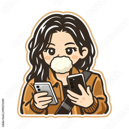 Isolated Manga style girl using two smartphones simultaneously while chewing bubble gum wearing brown jacket
