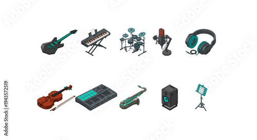 Modern Isometric Music Production and Studio Equipment Vector Icon Set
