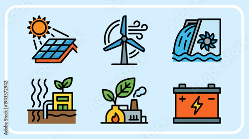 Renewable energy icons set solar wind hydro power battery illustration.