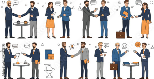 Flat vector illustration of business professionals shaking hands, discussing deals, and collaborating in office meetings and networking events.