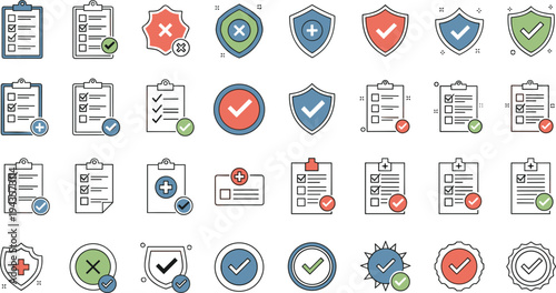 Flat vector illustration of checklists, approval shields, and validation icons, representing tasks, approvals, and quality checks.