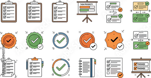 Flat vector illustration of checklists, progress trackers, task completion symbols, and project management icons for productivity and organization.