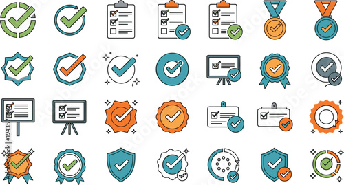 Flat vector illustration of checkmarks, certificates, badges, and approval symbols, representing verification, achievement, and validation.