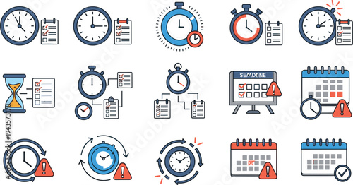 Flat vector illustration of clocks, timers, deadlines, and time management icons, representing scheduling, productivity, and task management.