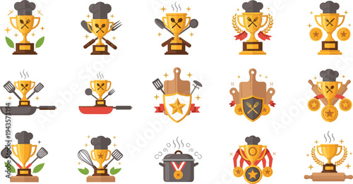 Flat vector illustration of cooking trophies, awards, and kitchen tools, representing culinary achievements and cooking competitions.
