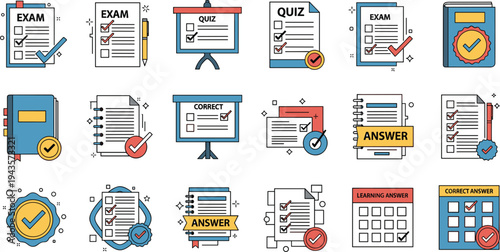 Flat vector illustration of exam papers, quizzes, answer sheets, and checkmarks, representing educational assessments and correct answers.