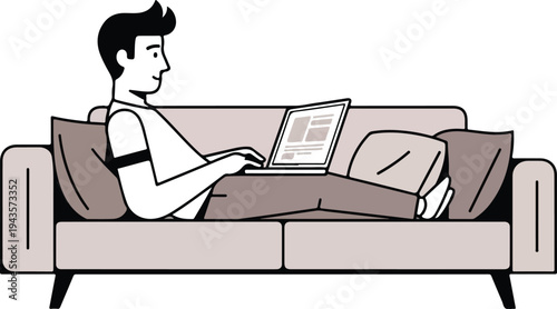 A man uses a laptop reclining on a sofa with pillows legs extended