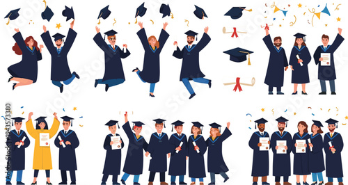 Flat vector illustration of graduation celebrations, featuring students in caps and gowns with diplomas, jumping and posing in excitement.