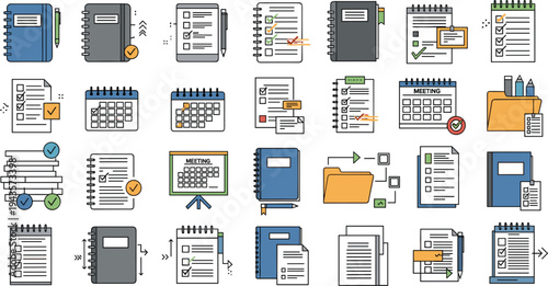 Flat vector illustration of notebooks, checklists, meeting schedules, and organized files, representing tasks, meetings, and work organization.