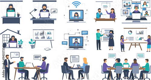 Flat vector illustration of remote work, video conferencing, office meetings, and teamwork in various professional settings with modern technology and communication tools