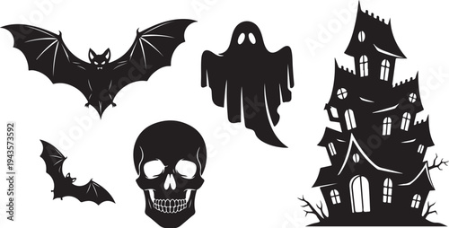 Halloween icons including bats, ghost, skull, and haunted house