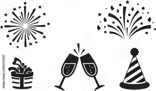New Year's Eve Celebration Icons and Symbols Set Black