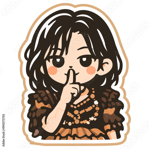 Isolated Anime style sticker of young girl with long dark hair making hush gesture with finger on lips on a white background