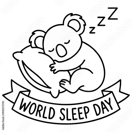 Cute cartoon koala sleeping on a pillow with World Sleep Day banner, transparent isolated PNG