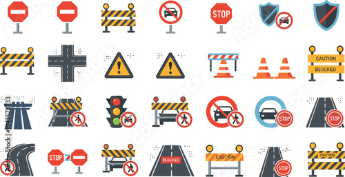 Flat vector illustration of traffic and road signs, including stop signs, caution barriers, roadblocks, and safety symbols.
