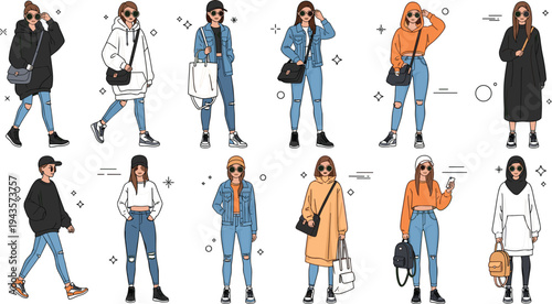 Flat vector illustration of stylish women in casual outfits, featuring various fashion poses, jackets, jeans, and accessories.